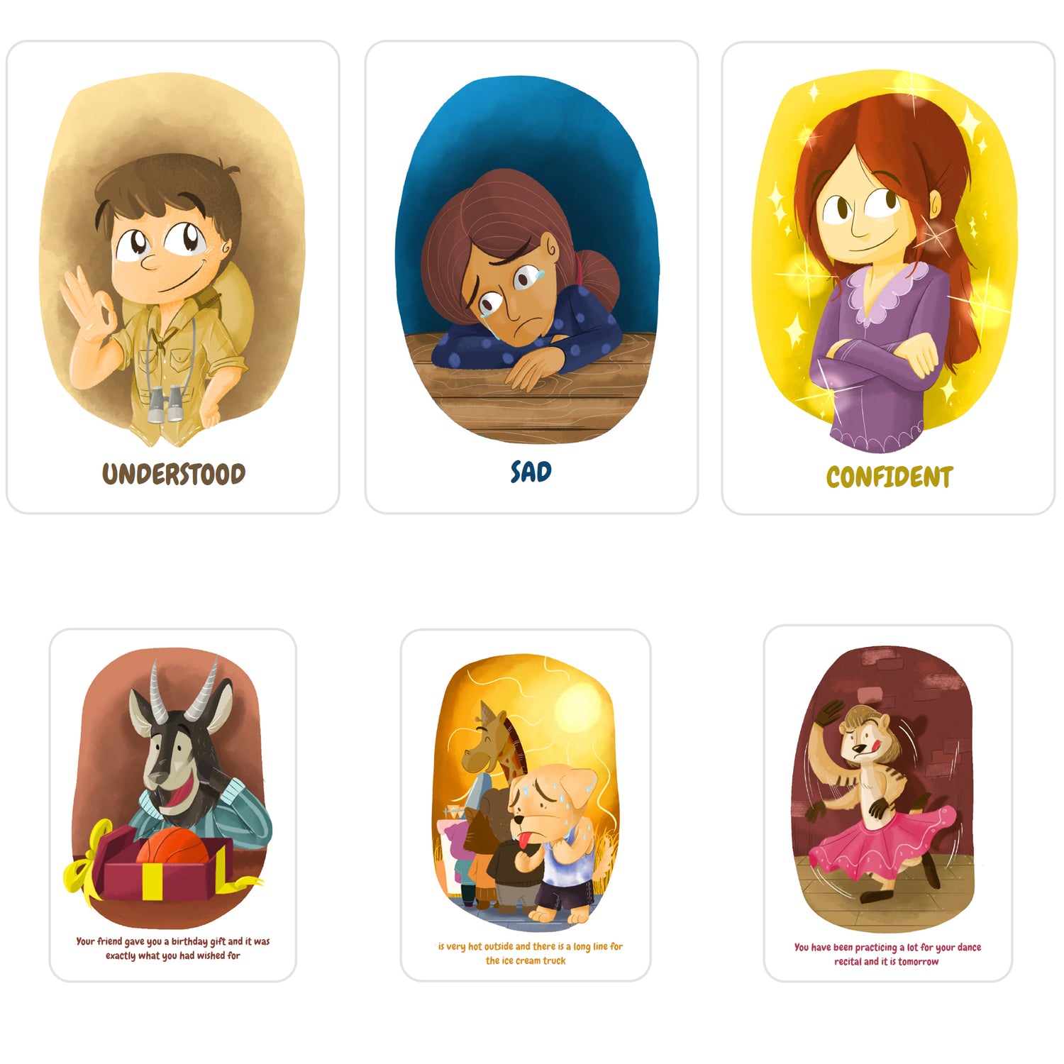 beautifully illustrated feelings and scenario flashcards on a white background