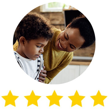 review of Safari Flashcard game with image of a black woman with her son, smiling in the kitchen